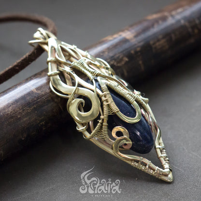 Brass wire wrapped crystal pendant with blue sodalite stone. This fairy elven necklace was made in wire wrap technique from golden brass and natural white moonstone stone crystals jrpg geek talisman jewelry by Artarina