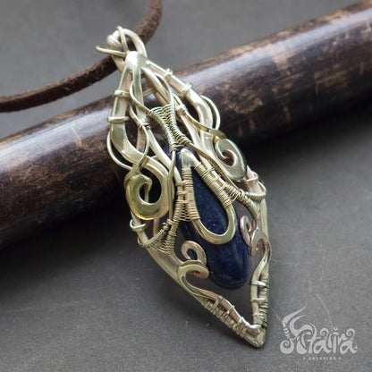 Brass wire wrapped crystal pendant with blue sodalite stone. This fairy elven necklace was made in wire wrap technique from golden brass and natural white moonstone stone crystals jrpg geek talisman jewelry by Artarina