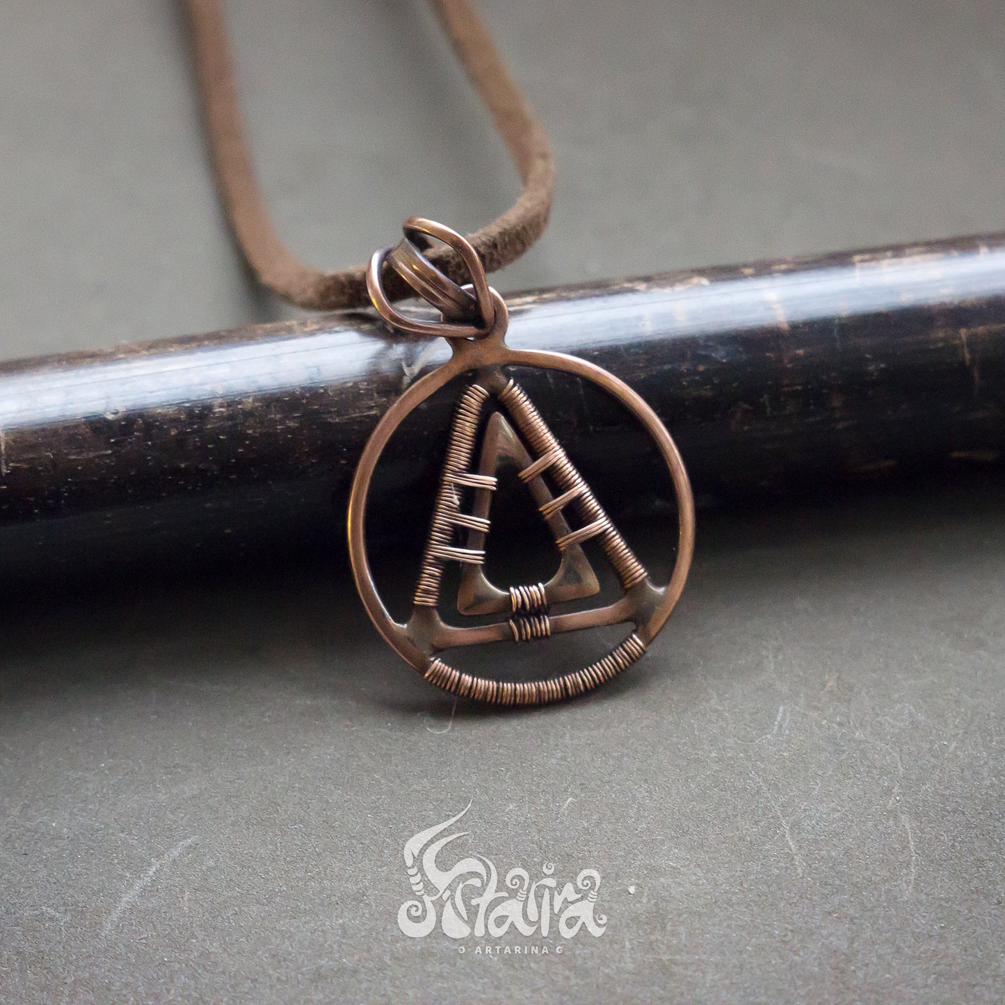 Geometric necklace Simple minimalist wirework raw copper jewelry pendant Triangle and circle pyramid necklace
