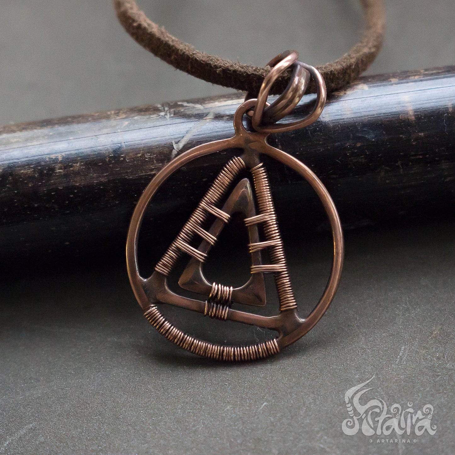 Geometric necklace Simple minimalist wirework raw copper jewelry pendant Triangle and circle pyramid necklace
