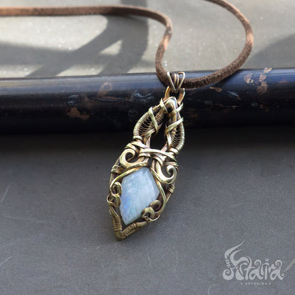 Brass Wire Wrapped Gemstone Pendant Golden colored Designer Pendant Gift For Her solid brass metalwork necklace with white moonstone Elven golden metalwork necklace JRPG jewelry fantasy geek nerd gift Dragon pendant by Artarina