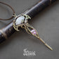 Golden color brass fairy gothic elven necklace with natural moonstone and pink stone Long unique fairytale necklace pendant
