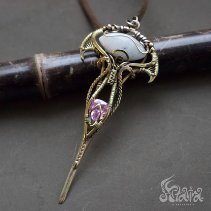 Golden color brass fairy gothic elven necklace with natural moonstone and pink stone Long unique fairytale necklace pendant