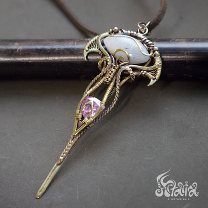 Golden color brass fairy gothic elven necklace with natural moonstone and pink stone Long unique fairytale necklace pendant