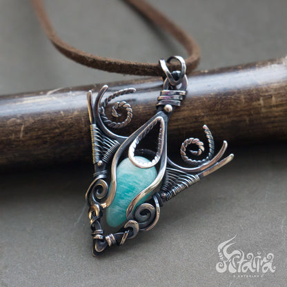 Bronze wire wrapped amazonite necklace Celtic viking jewelry designer vikings bronze wire necklace Fantasy elven jewellery