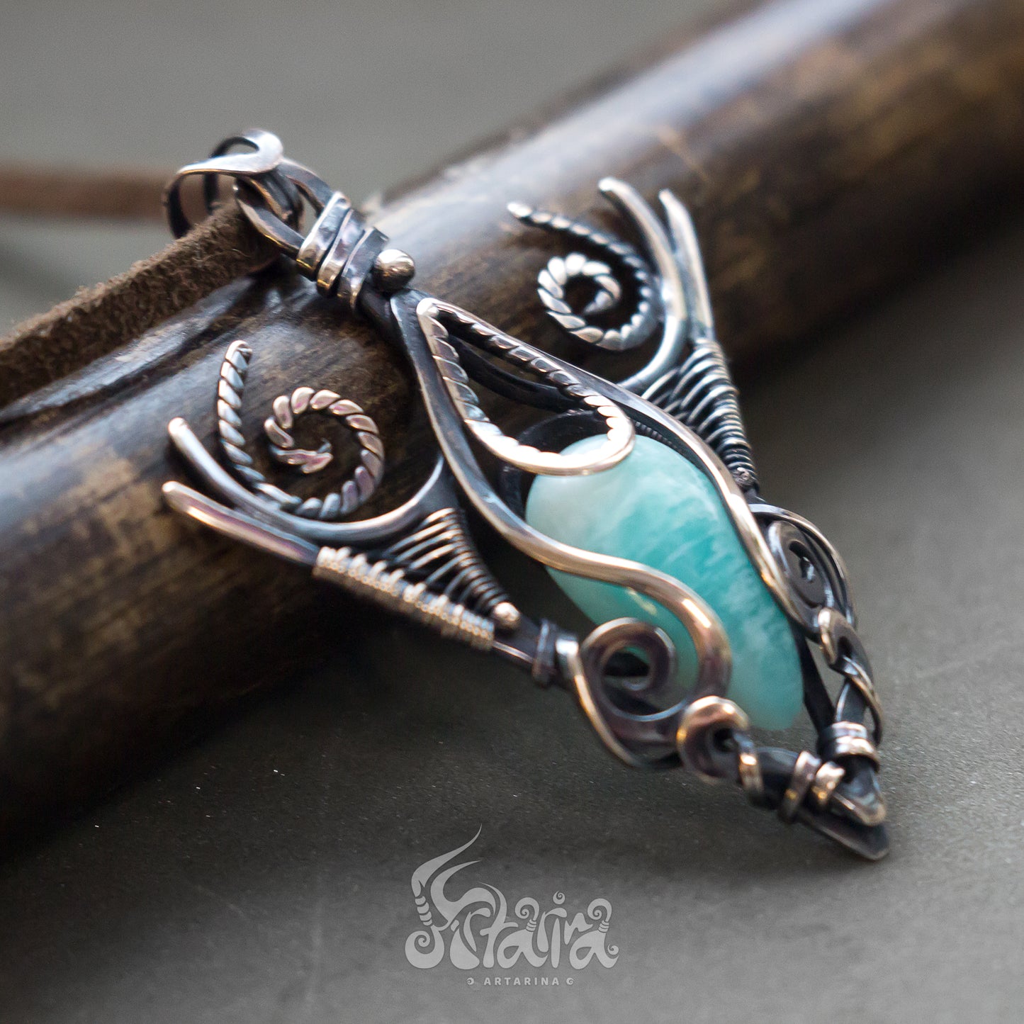 Bronze wire wrapped amazonite necklace Celtic viking jewelry designer vikings bronze wire necklace Fantasy elven jewellery