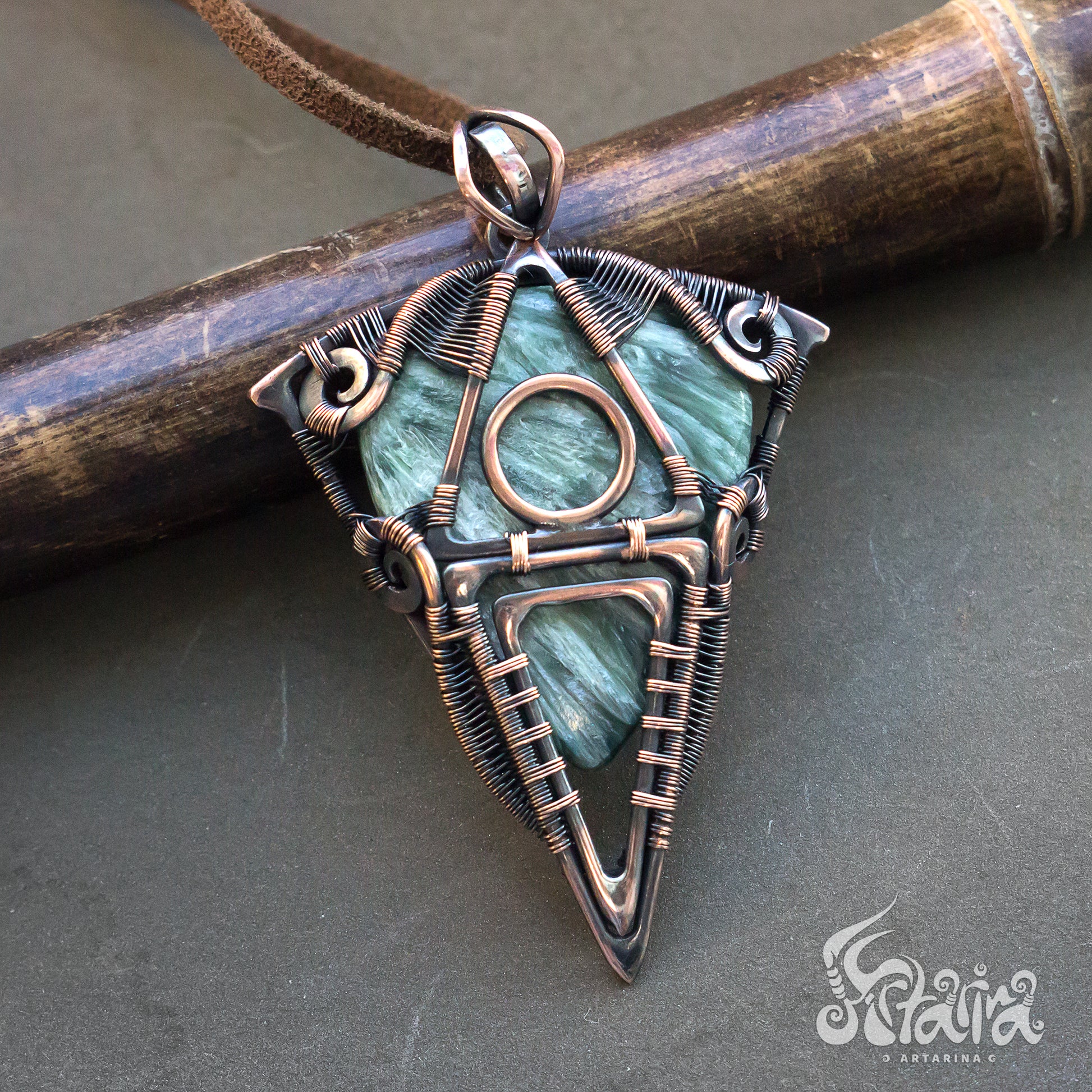 Statement Seraphinite green stone wire wrapped pendant. Copper handcrafted natural green stone neckalce