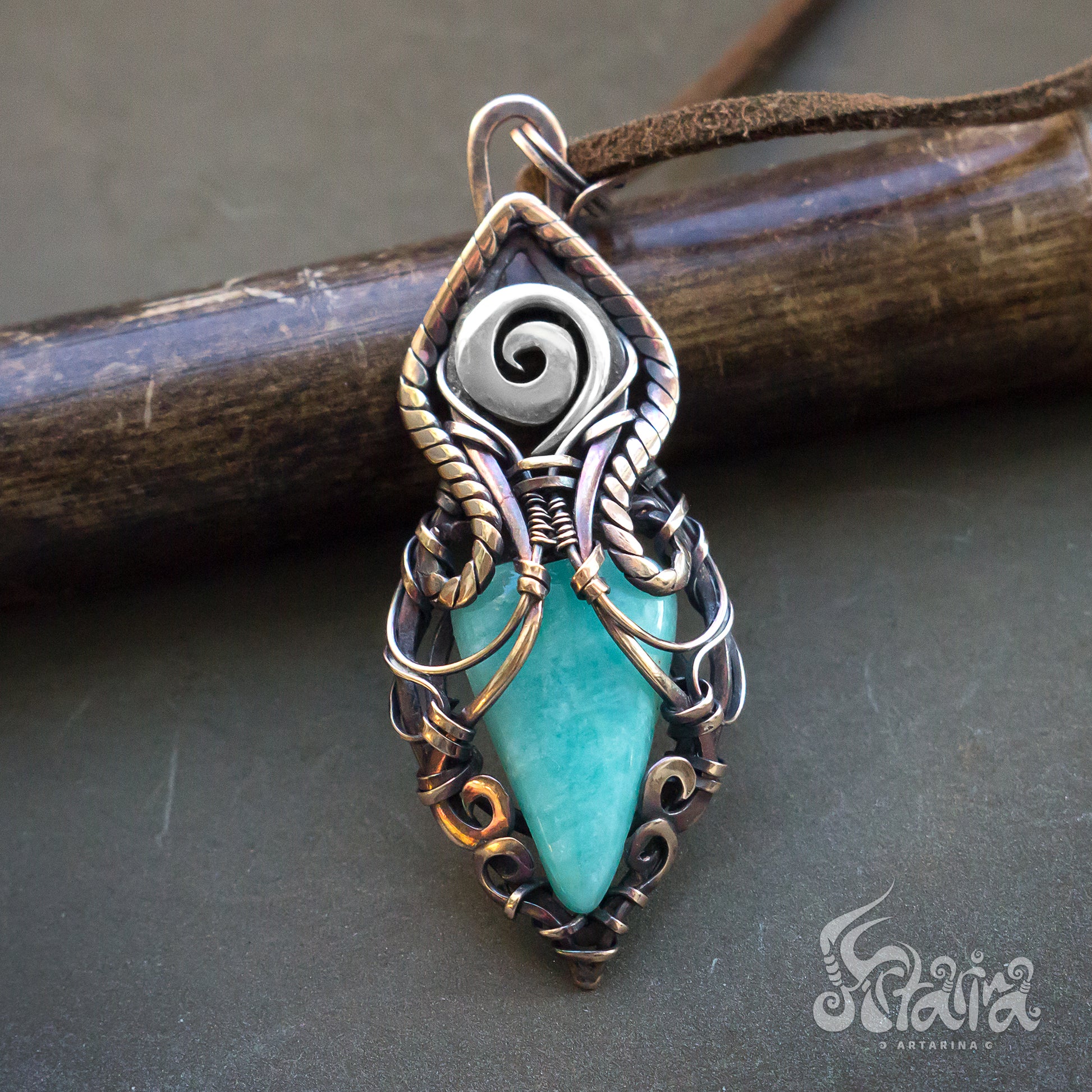 Bronze and Amazonite wire wrapped necklace Celtic viking jewelry designer Solid silver bronze blue stone necklace Energy spiritual jewelry