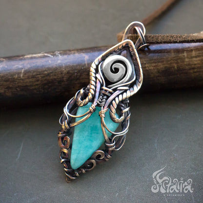 Bronze and Amazonite wire wrapped necklace Celtic viking jewelry designer Solid silver bronze blue stone necklace Energy spiritual jewelry