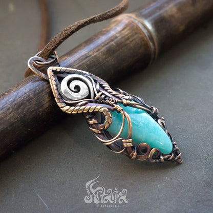 Bronze and Amazonite wire wrapped necklace Celtic viking jewelry designer Solid silver bronze blue stone necklace Energy spiritual jewelry