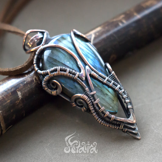 Copper wire wrapped necklace with labradorite gemstone