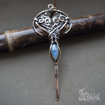 Elven necklace | Long bronze forest fairy epic fantasy jewelry | Elfic long wire gemstone pendant | Bronze wire wrap