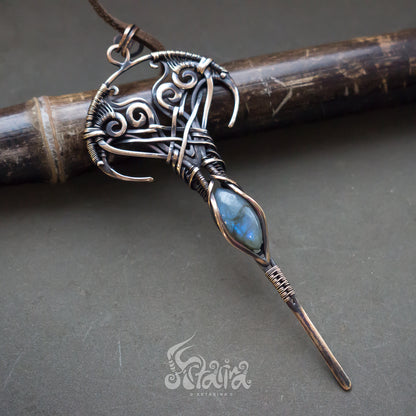 Elven necklace | Long bronze forest fairy epic fantasy jewelry | Elfic long wire gemstone pendant | Bronze wire wrap