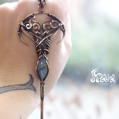 Elven necklace | Long bronze forest fairy epic fantasy jewelry | Elfic long wire gemstone pendant | Bronze wire wrap