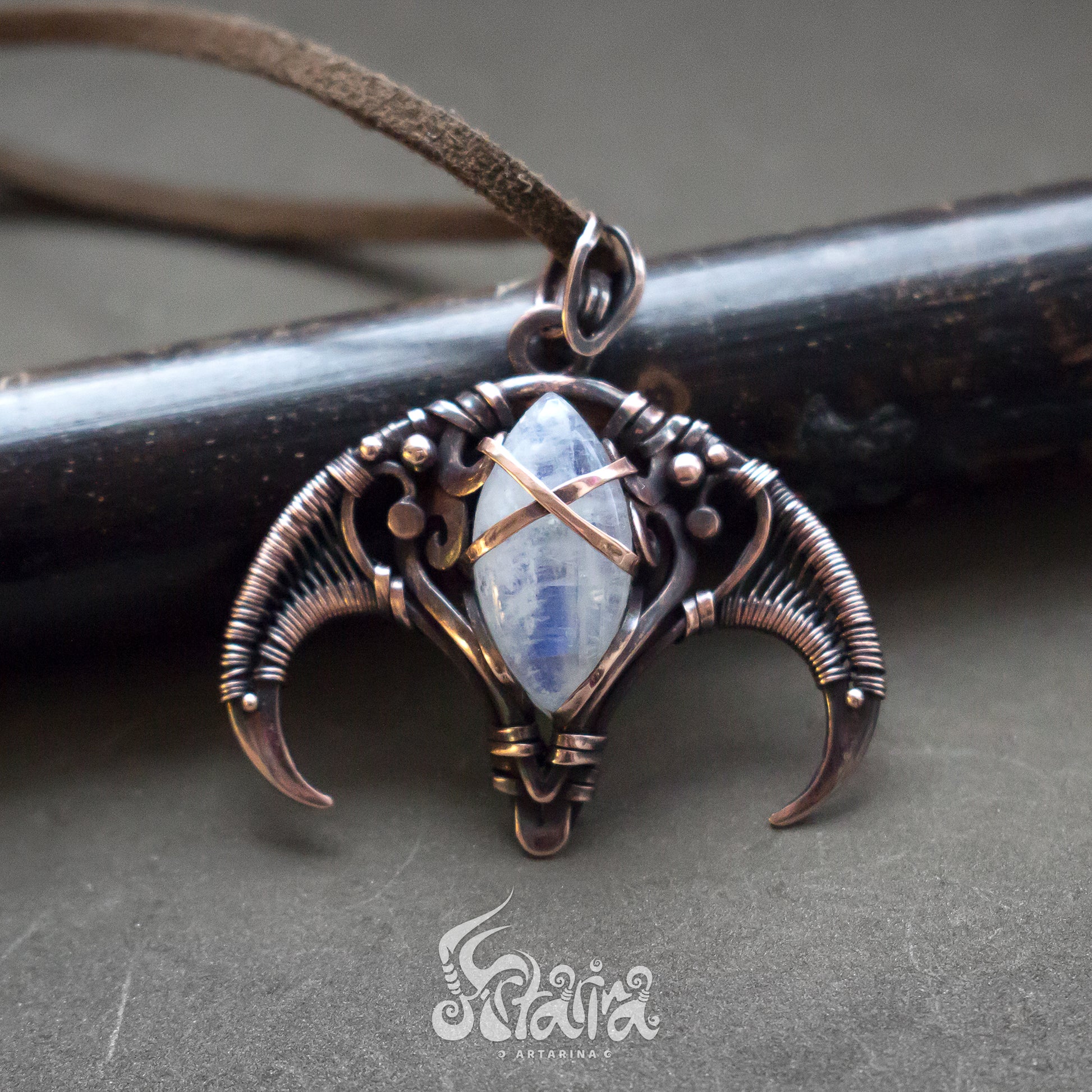 Alien necklace Heady wire wrapped biomechanical Giger inspired neck pendant Moonstone and Copper Rustic pendant Alternative jewelry