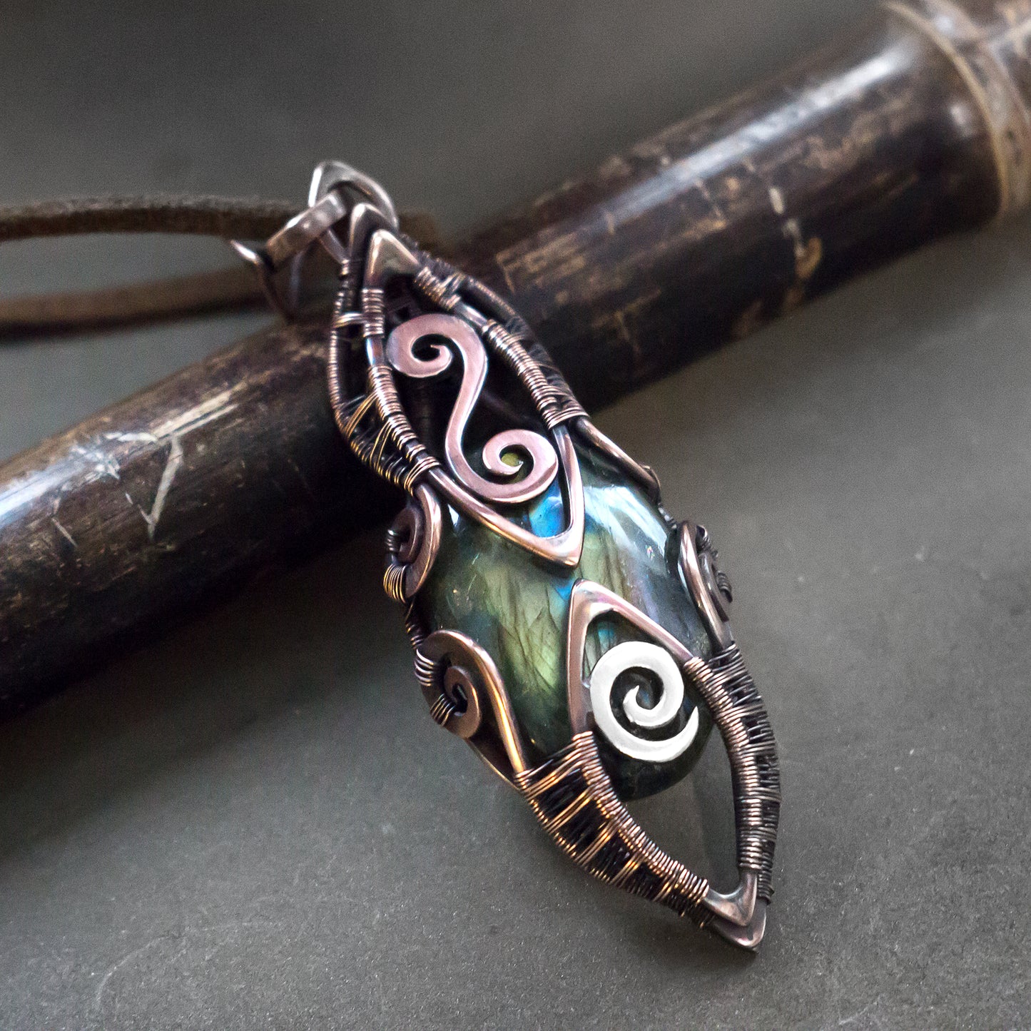 Rustic copper unique necklace pendant | Hand weaved one of a kind stone necklace | Magical healing crystal amulet | Protection pendant gift