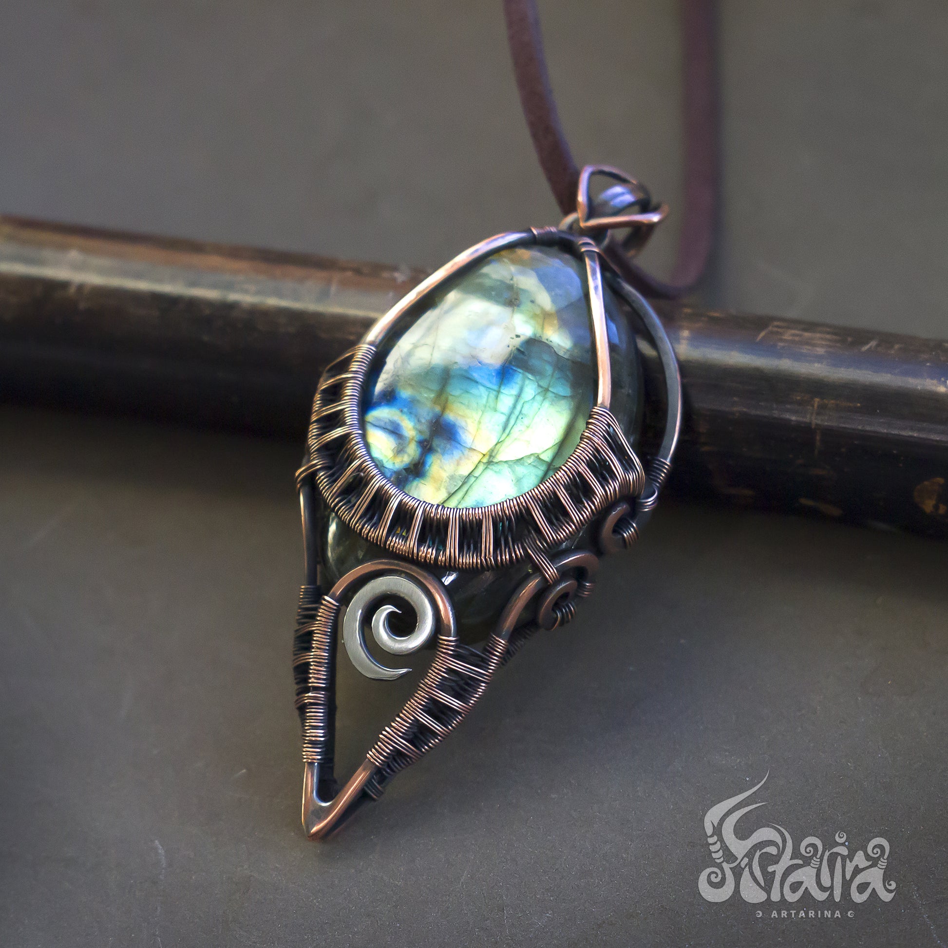 Wire wrapped jewelry for men. Intricate filigree hand weaved pendant with blue and green stone. Dark brown patina freeform necklace 