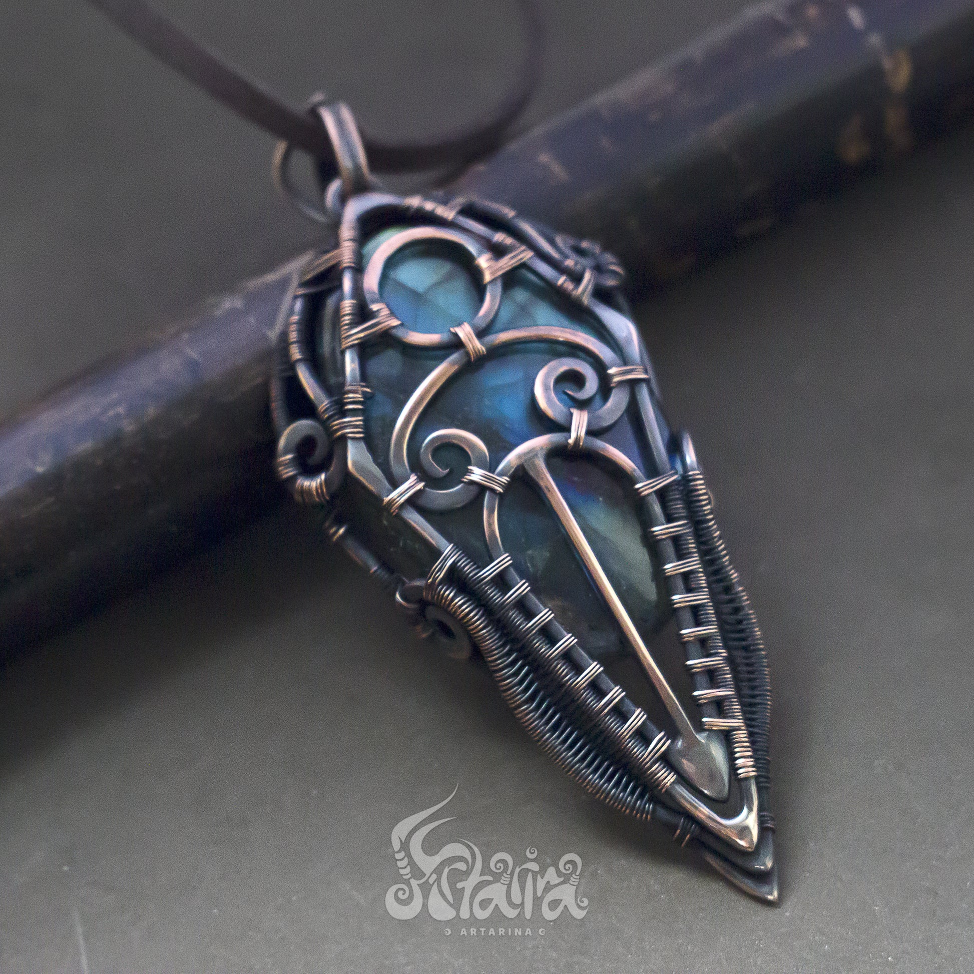 Wire wrapped jewelry for men. Intricate filigree hand weaved pendant with blue and green stone. Dark brown patina freeform necklace 
