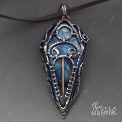 Wire wrapped jewelry for men. Intricate filigree hand weaved pendant with blue and green stone. Dark brown patina freeform necklace 