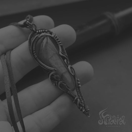 Wire wrapped jewelry Intricate filigree hand weaved pendant with green stone. Dark brown patina freeform necklace