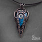 Wire wrapped jewelry for men. Intricate filigree hand weaved pendant with blue stone. Dark brown patina freeform necklace