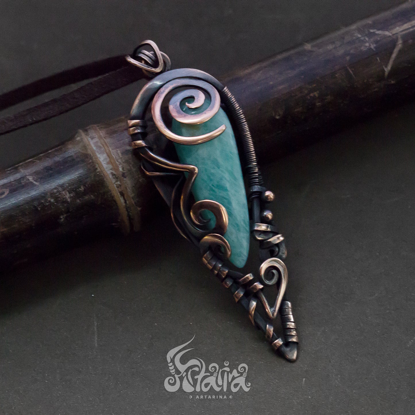 Wire wrapped jewelry Intricate filigree hand weaved pendant with green stone. Dark brown patina freeform necklace