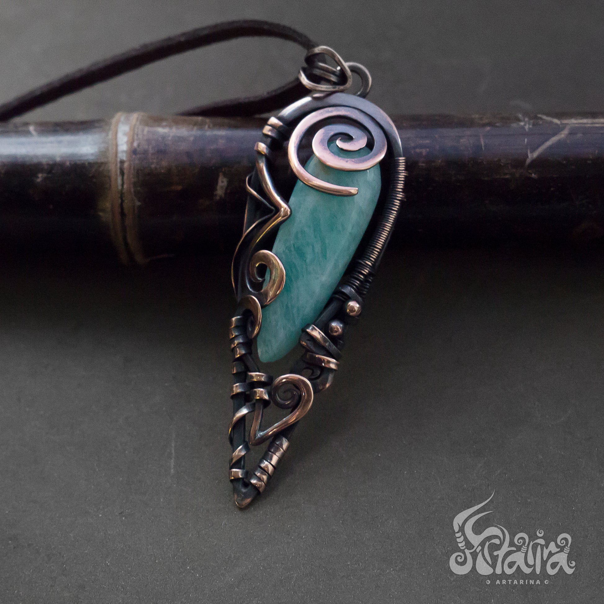 Wire wrapped jewelry Intricate filigree hand weaved pendant with green stone. Dark brown patina freeform necklace