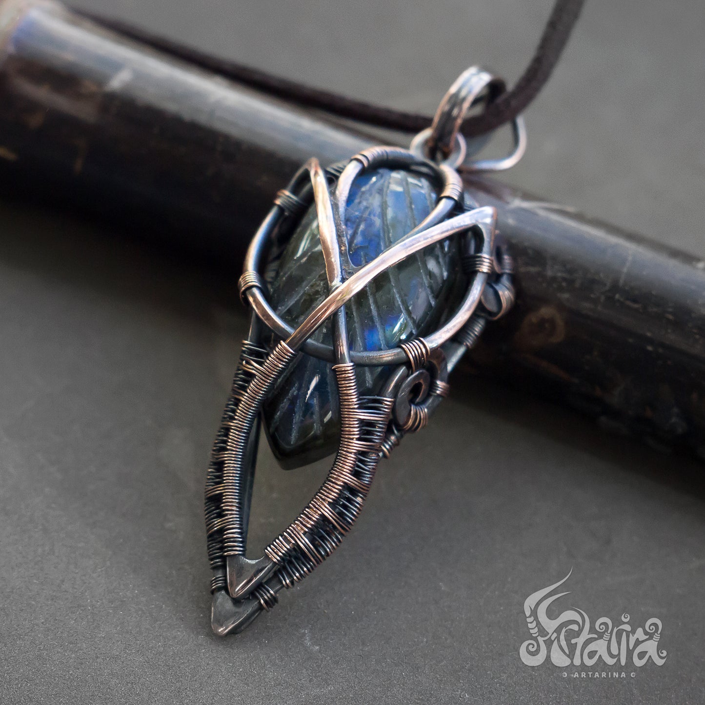 Men's heady Wire wrapped pendant. Copper wire wrap stone pendant with carved labradorite | rare carved gemstone intricate wire weave pendant statement necklace spiritual crystal jewelry for men male wire wrapped pendant 