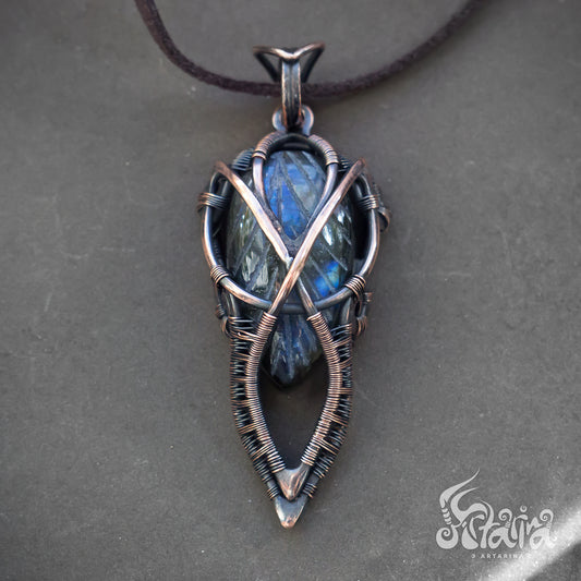 Men's heady Wire wrapped pendant. Copper wire wrap stone pendant with carved labradorite | rare carved gemstone intricate wire weave pendant statement necklace spiritual crystal jewelry for men male wire wrapped pendant 