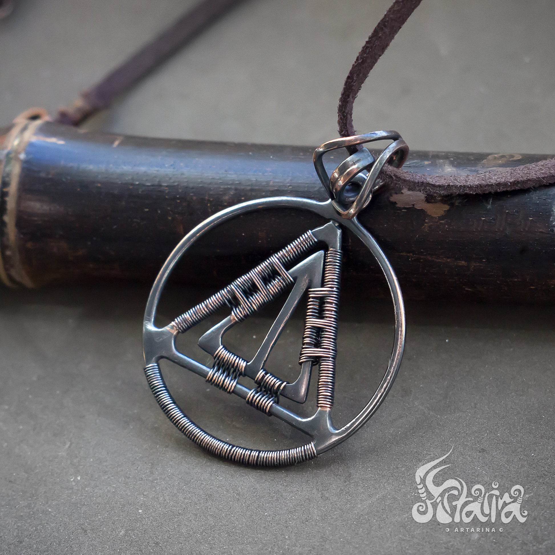Triangle and circle pendant | Sacred geometry wire handcrafted unique jewelry | Symbolical round patinated copper necklace | Artarina