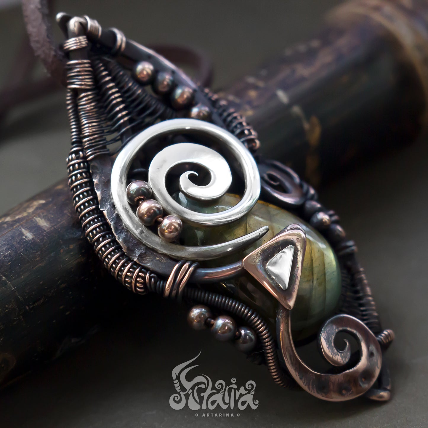 Heady wire wrapped pendant | Unique copper and silver hand forged creative jewelry | Complex design jewelry