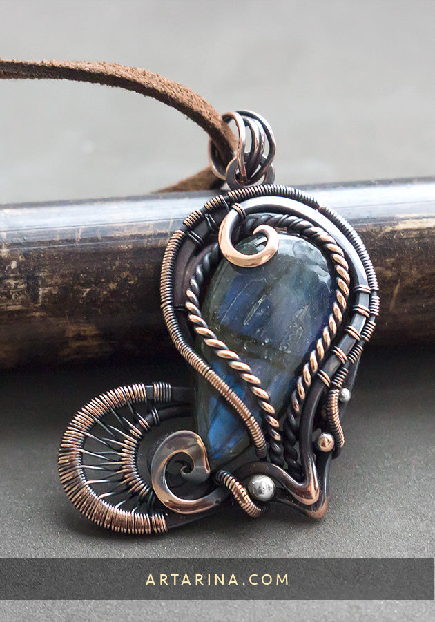 wire wrapped heart pendant with blue labradorite