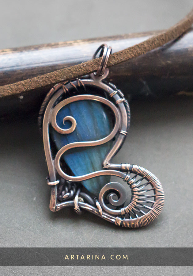 Wire wrapped heart pendant with blue labradorite