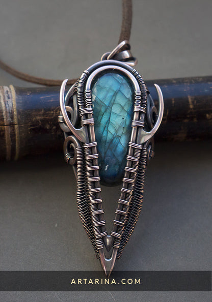 mens labradorite necklace. Statement heady wire wrap pendant