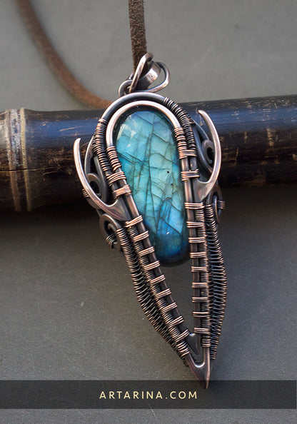 mens labradorite necklace. Statement heady wire wrap pendant