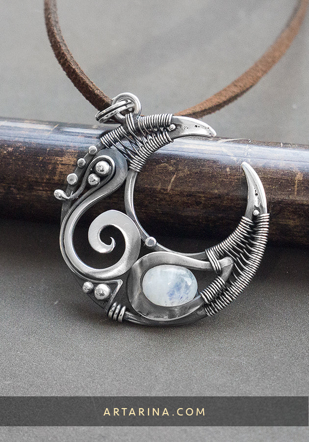 Moon moonstone silver pendant