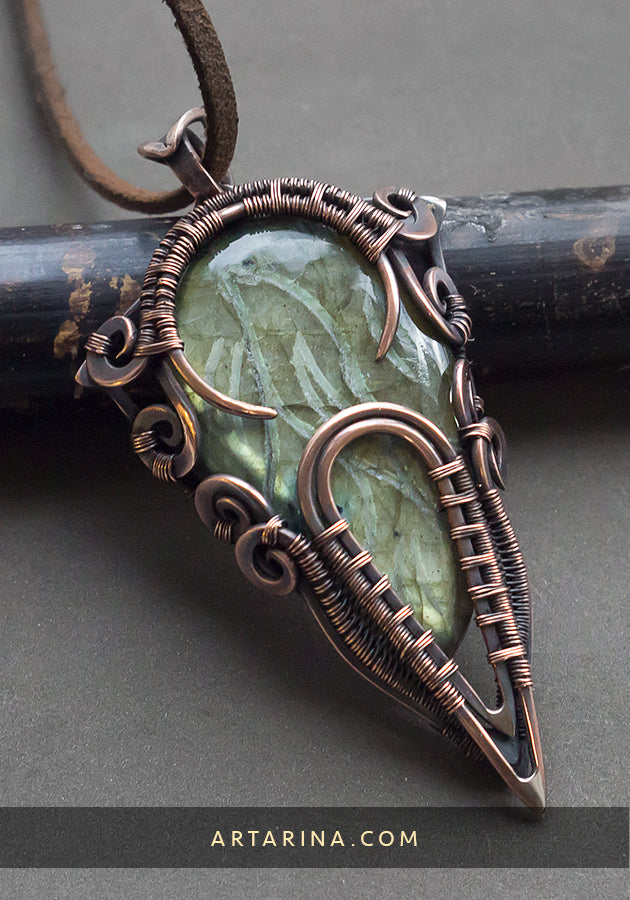 green carved labradorite necklace pagan pendant