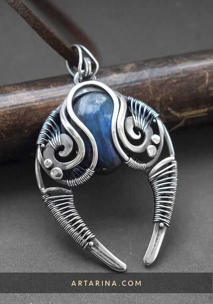 Goddess of jewellery - Labradorite crescent moon necklace, mythical artifacts silver pendant