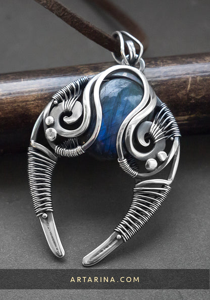 Goddess of jewellery - Labradorite crescent moon necklace, mythical artifacts silver pendant