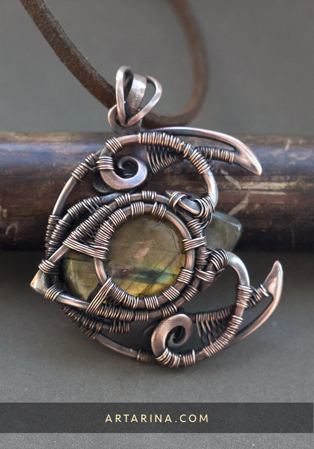 Labradorite wire wrapped moon pendant