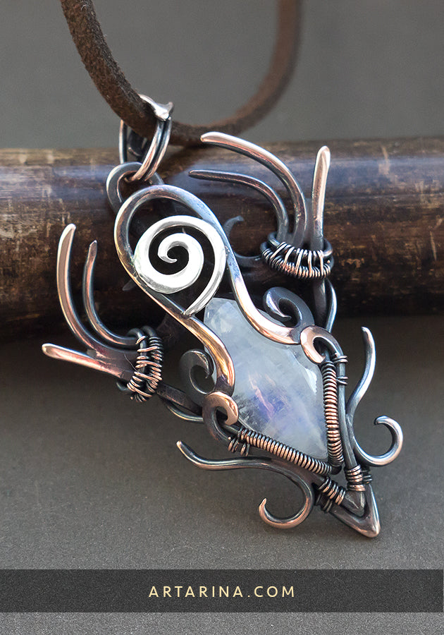 Fantasy copper and silver moonstone jewelry pendant