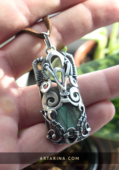 Sterling silver wire wrapped mayah inca aztec pendant necklace