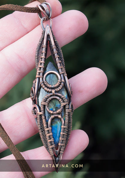 Copper long futuristic jewelry pendant