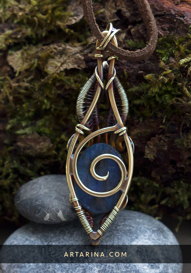 Gold brass metal wire wrapped pendant