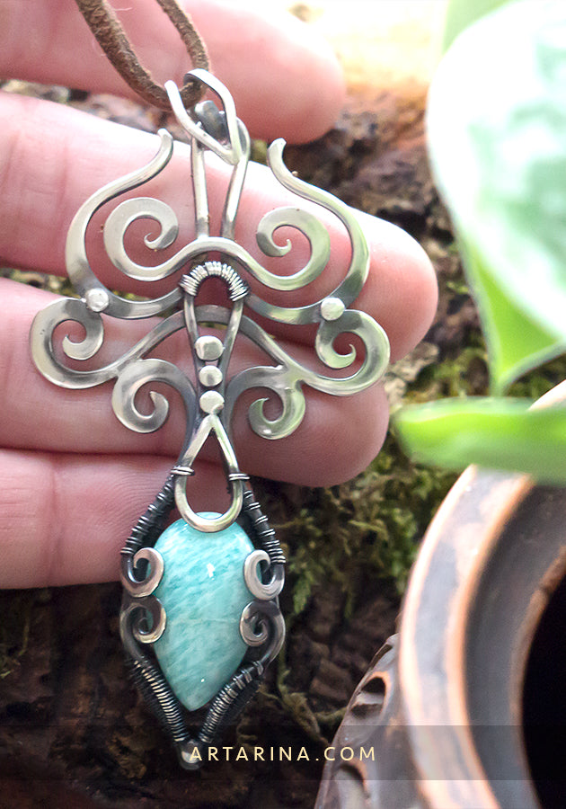 Silver wire wrapped amazonite necklace