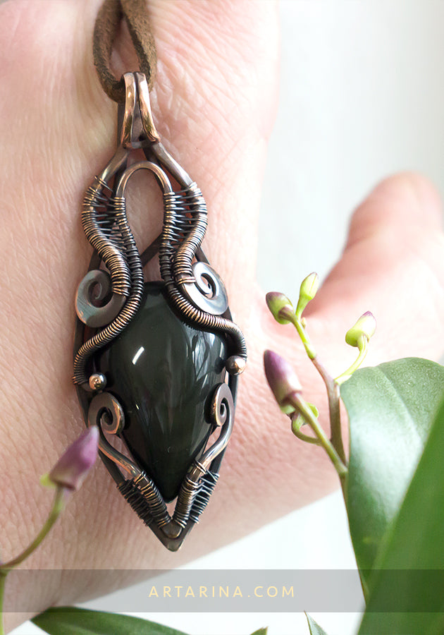 Wire wrap pendant. Black obsidian necklace