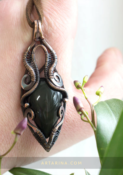 Wire wrap pendant. Black obsidian necklace