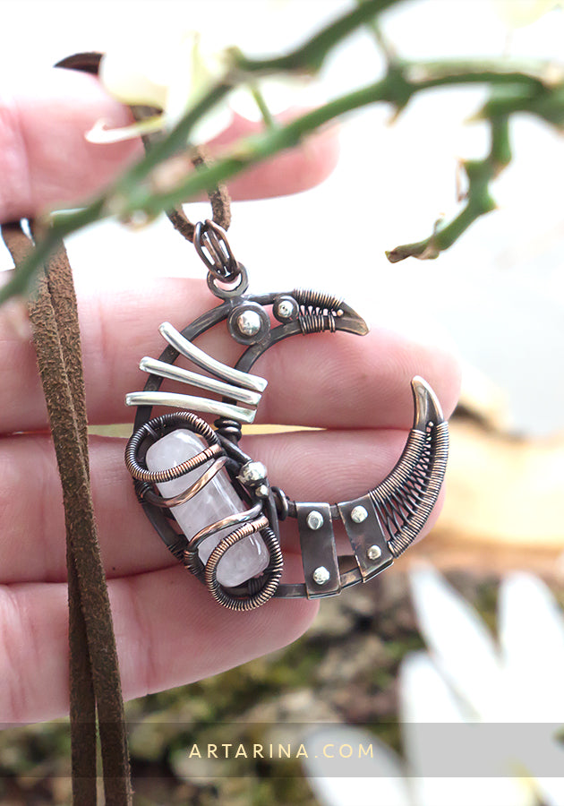 Wire wrapped crescent moon necklace. Rose quartz gemstone pendant