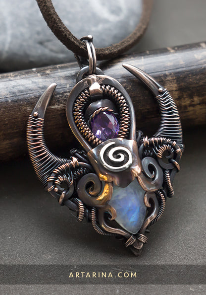 Copper moonstone wirework pendant