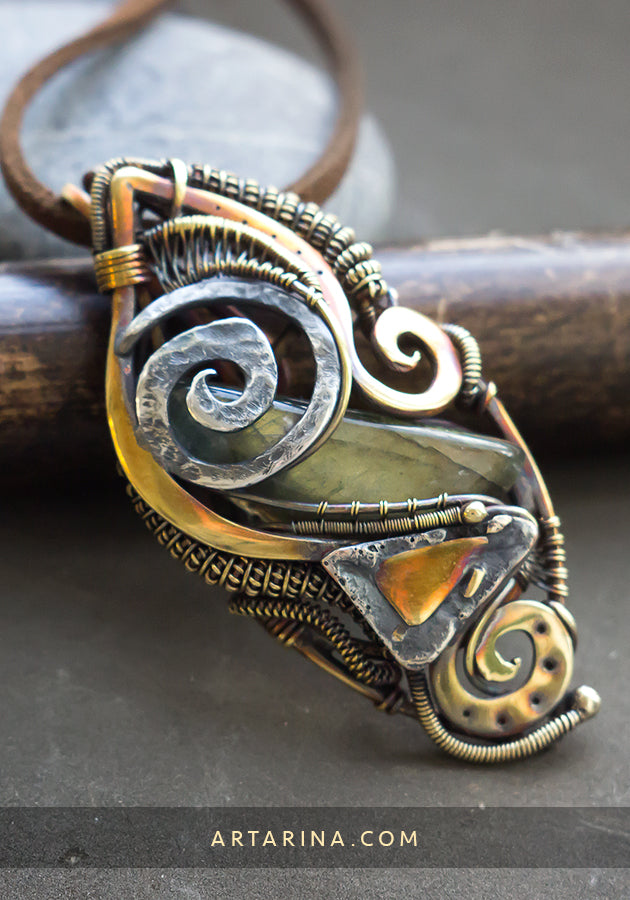 Brass and silver heady wirewrapped pendant